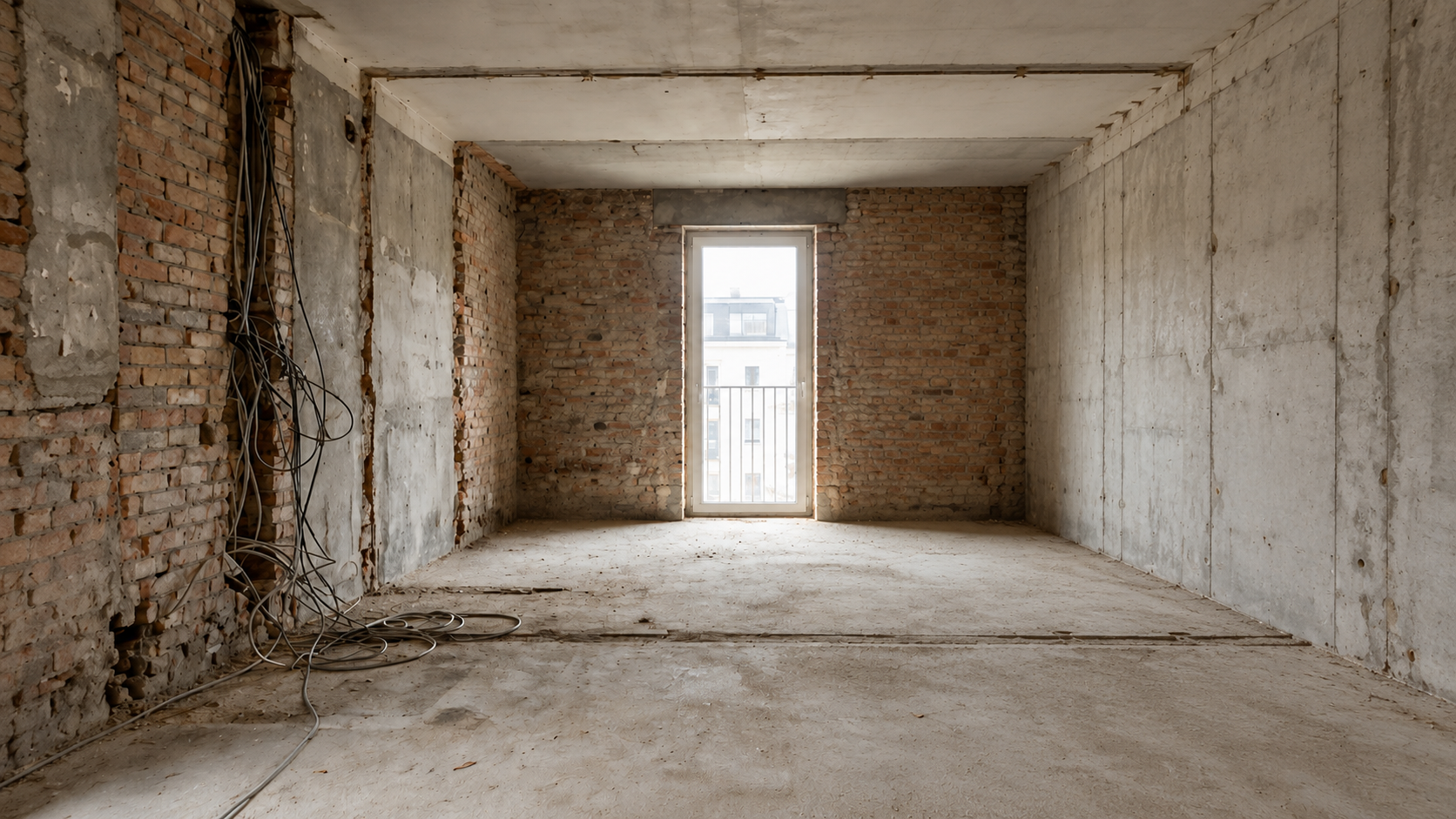 Kale kamer met oude bakstenen wanden voor het stucwerk