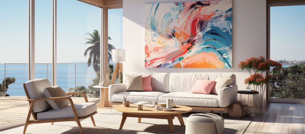 Lichte woonkamer met kleurrijk schilderij