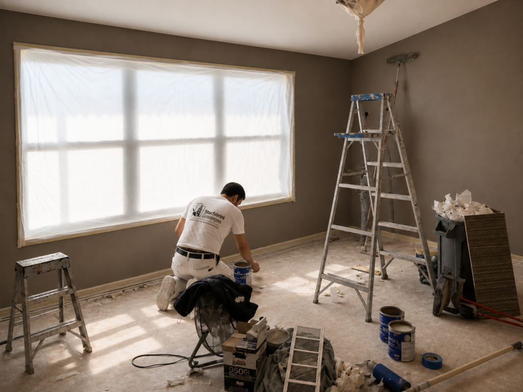 Schilder aan het werk in een kamer met ladders